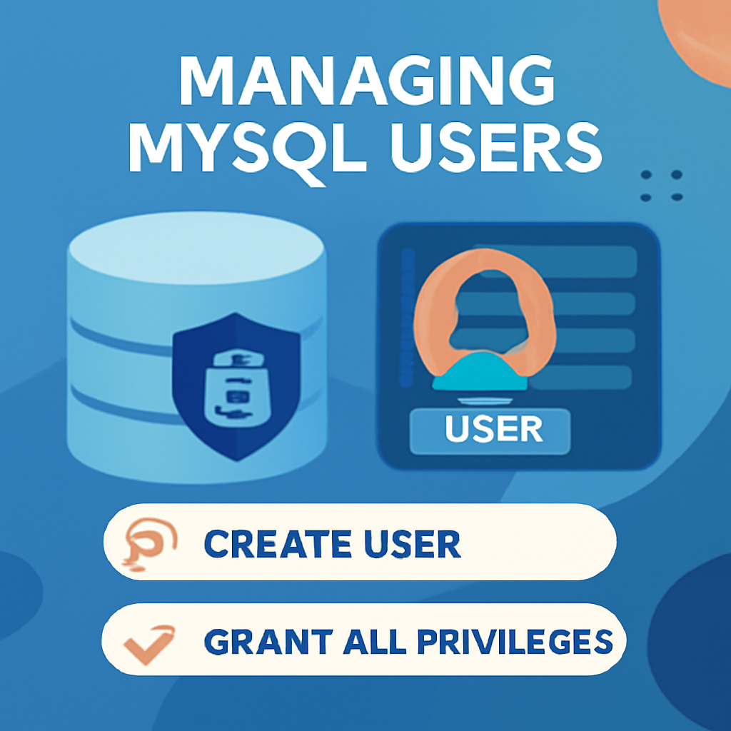 MySQL user management guide with focus on creating and configuring users, granting privileges, and security best practices.