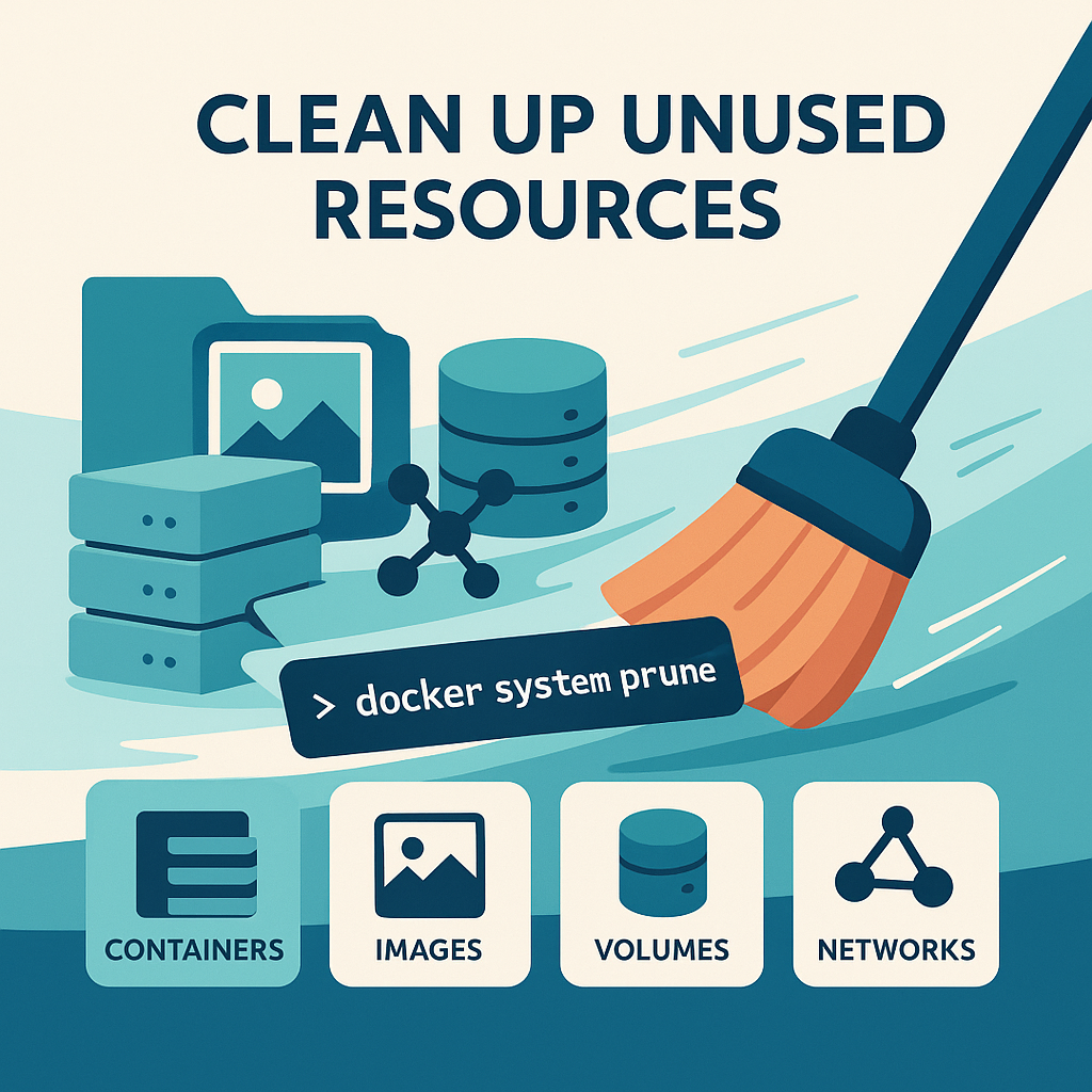Terminal showing docker system prune output that frees space by removing unused images, containers, volumes, and networks