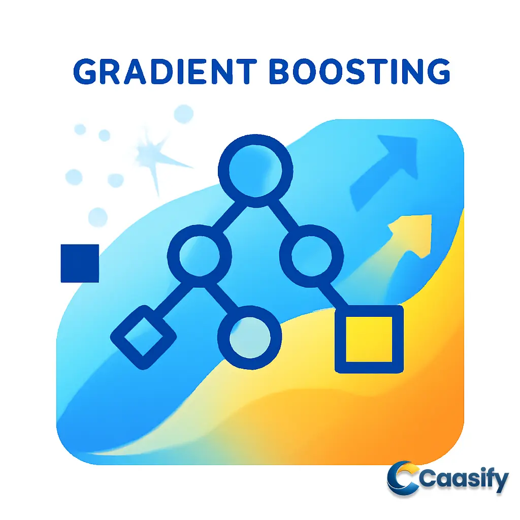 Illustration showing gradient boosting process in machine learning using decision trees and gradient descent for error reduction.
