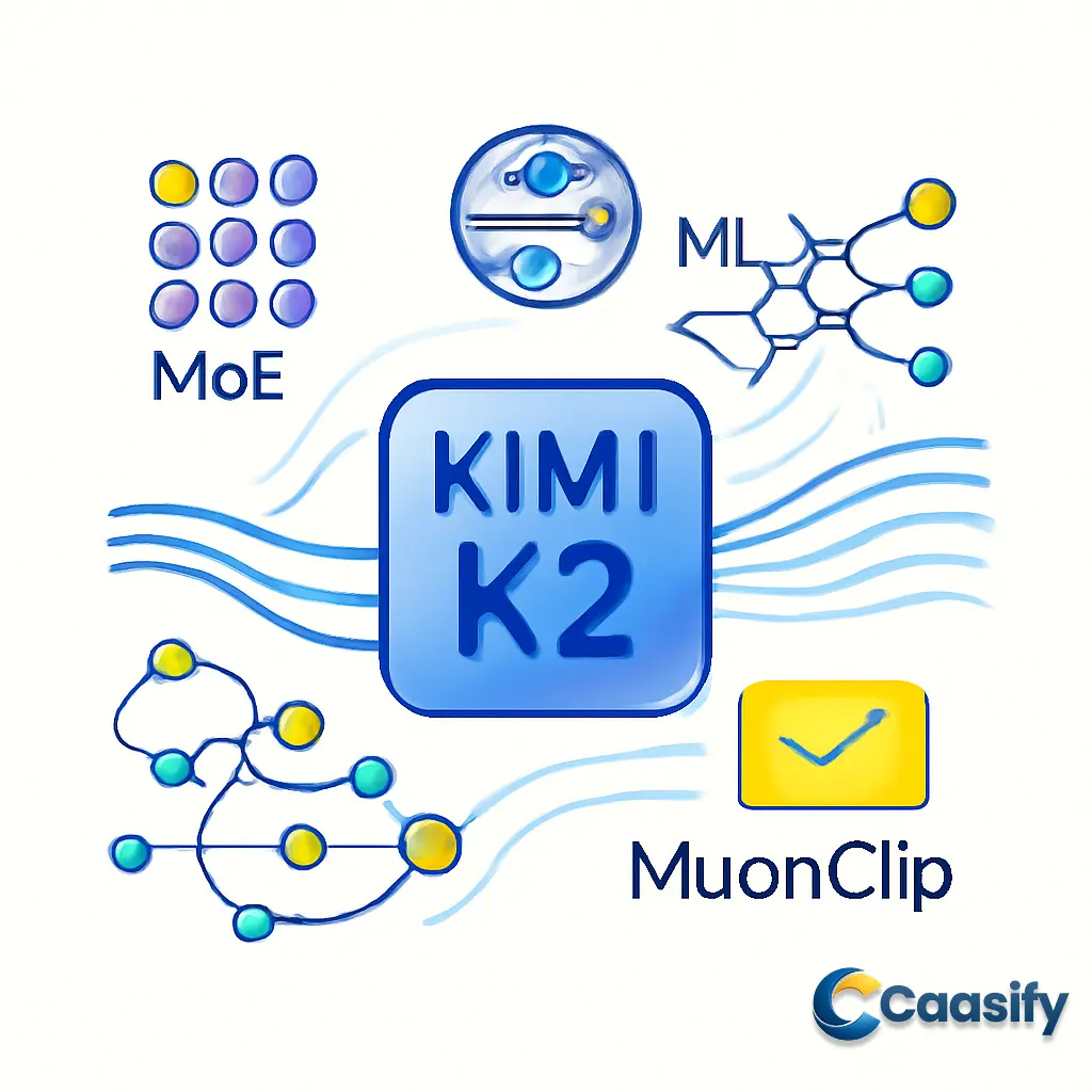 Kimi K2 AI model with Mixture of Experts, Multihead Latent Attention, and MuonClip optimizer for efficient training and inference.