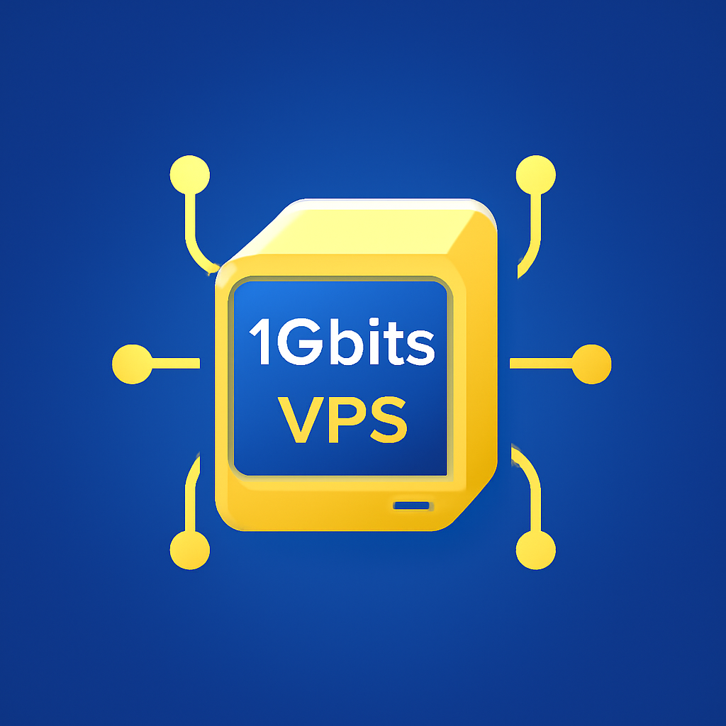 1Gbits VPS icon with network design and gradient blue background highlighting performance consistency.