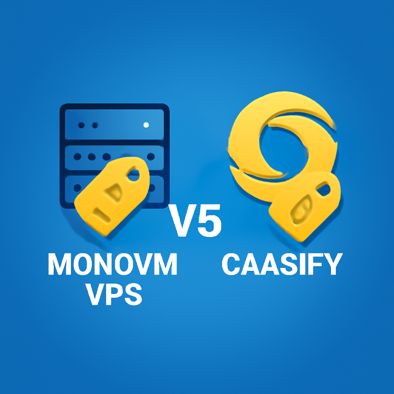 A flat vector image comparing Monovm VPS with Caasify, focusing on pricing and flexibility for VPS users.