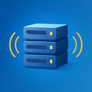 Abstract blue and yellow VPS server icon representing buy VPS Falkenstein with speed and scalability.