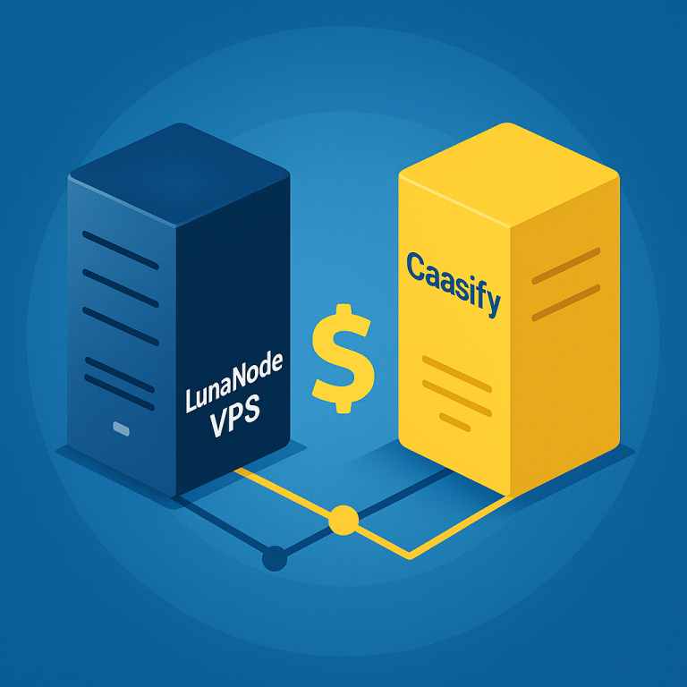 Comparison of LunaNode VPS and Caasify highlighting transparent pricing and performance efficiency.
