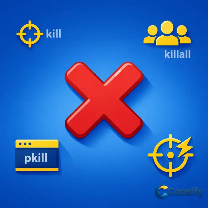 Illustration showing different methods for killing processes in Linux, including 'kill', 'killall', and 'pkill'.