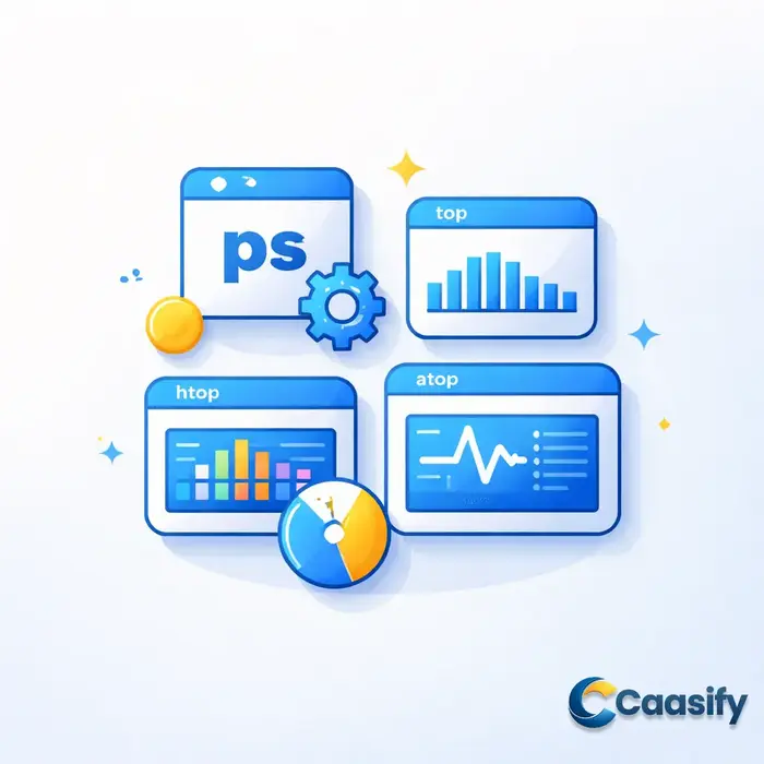 Visual representation of different Linux process management tools, including ps, top, htop, and atop.