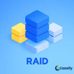 Illustration of a RAID array setup showing different configurations and storage devices.